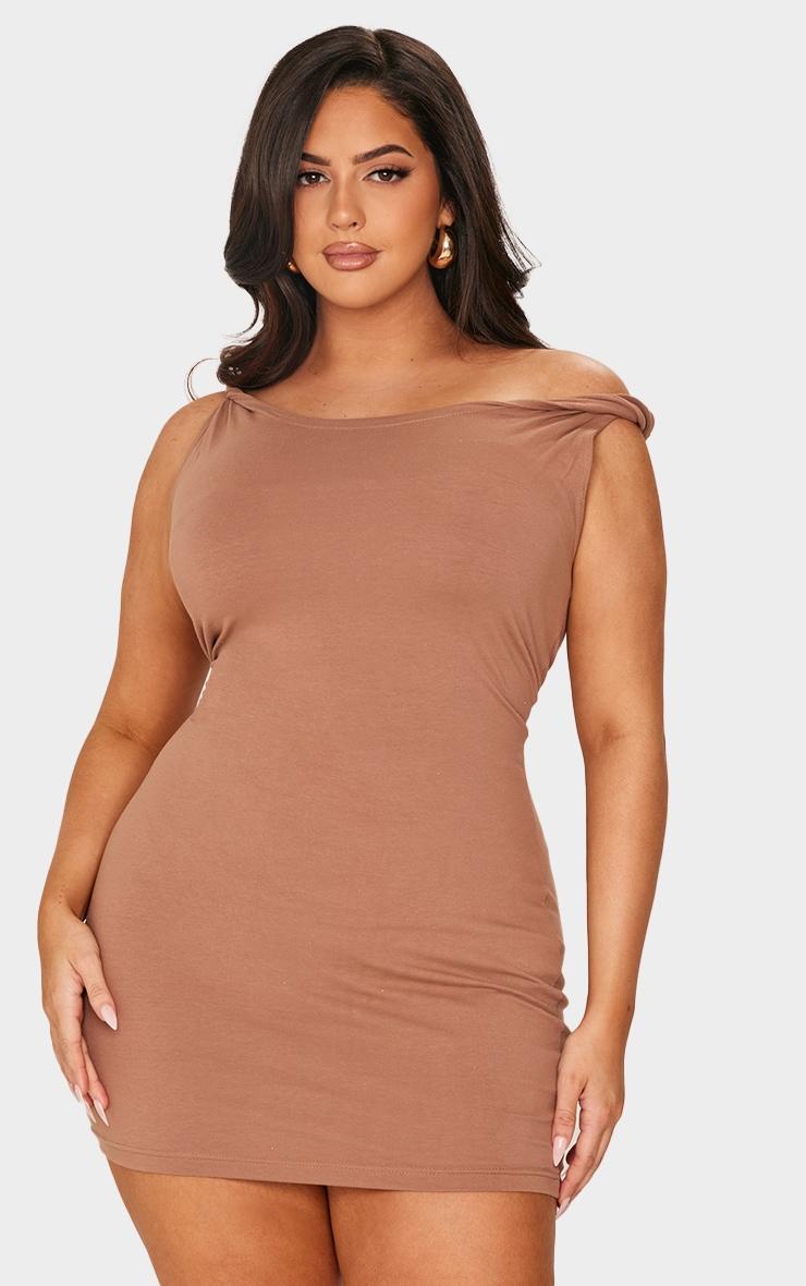 Plus Taupe Cotton Twist Shoulder Mini Dress Product Image