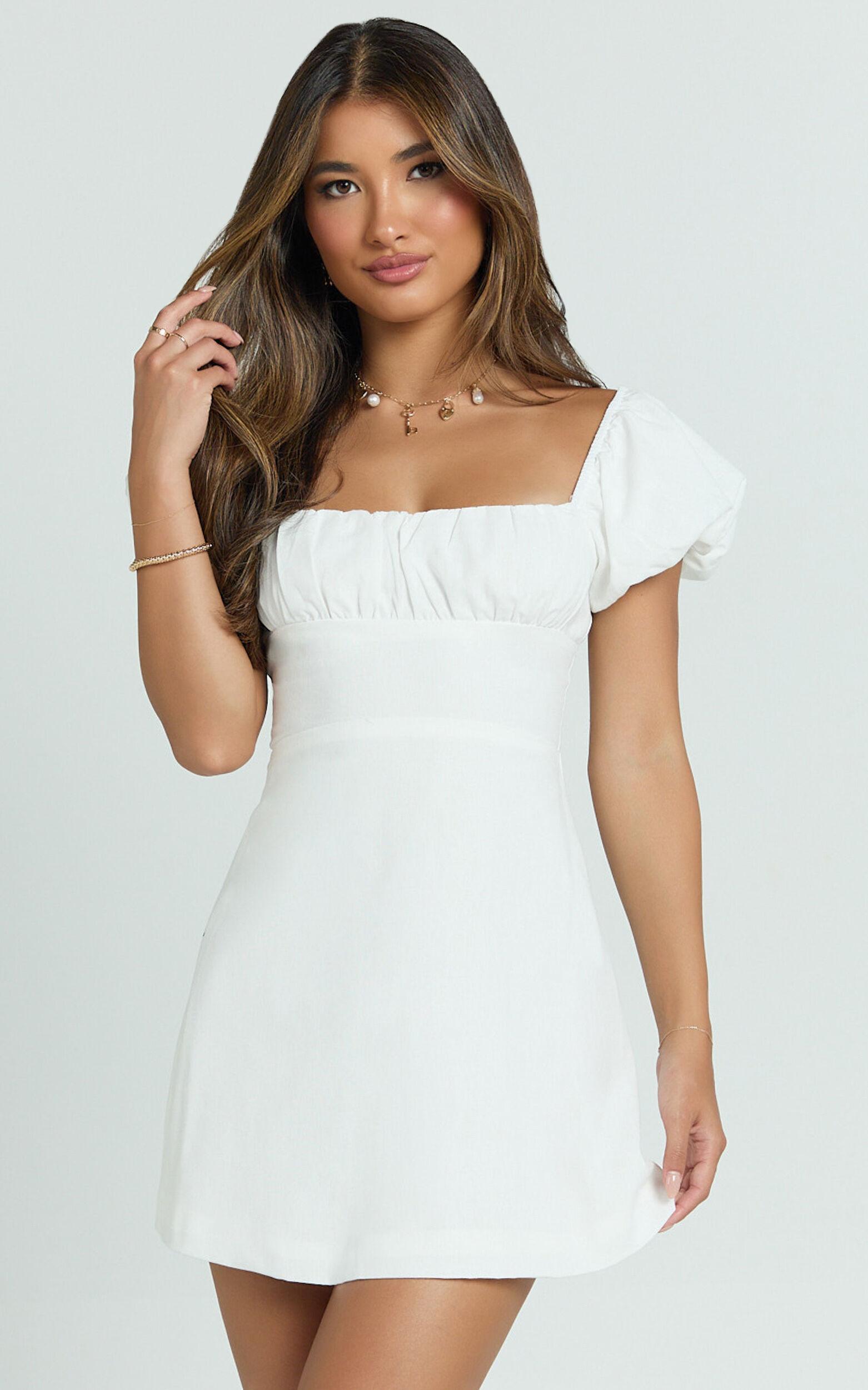 Ginny Mini Dress - Square Neck Ruched Bodice Puff Sleeve Straight Dress in White Product Image