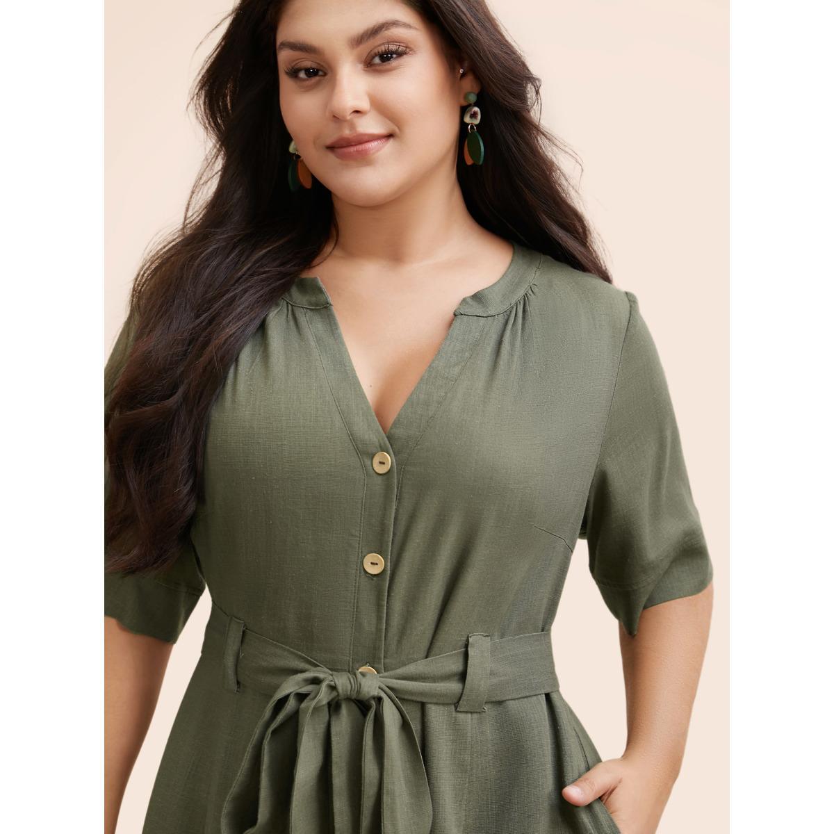 Plus Size Olive Cotton Linen Button Up Belted Jumpsuit Women Elegant Half Sleeve Flat collar with V-notch Everyday Loose Jumpsuits BloomChic 28/5X Product Image
