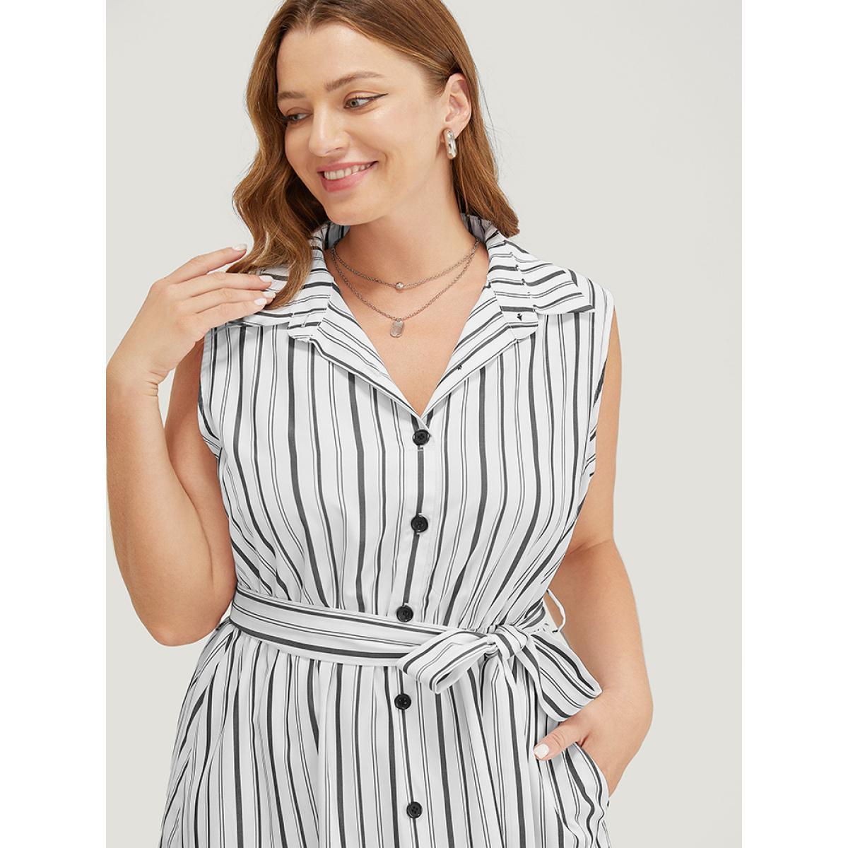 Plus Size Striped Print Pocket Button Detail Belt Sleeveless Dress Ivory Women Office Belted Shirt collar Sleeveless Curvy Midi Dress BloomChic 14-16/1X Product Image