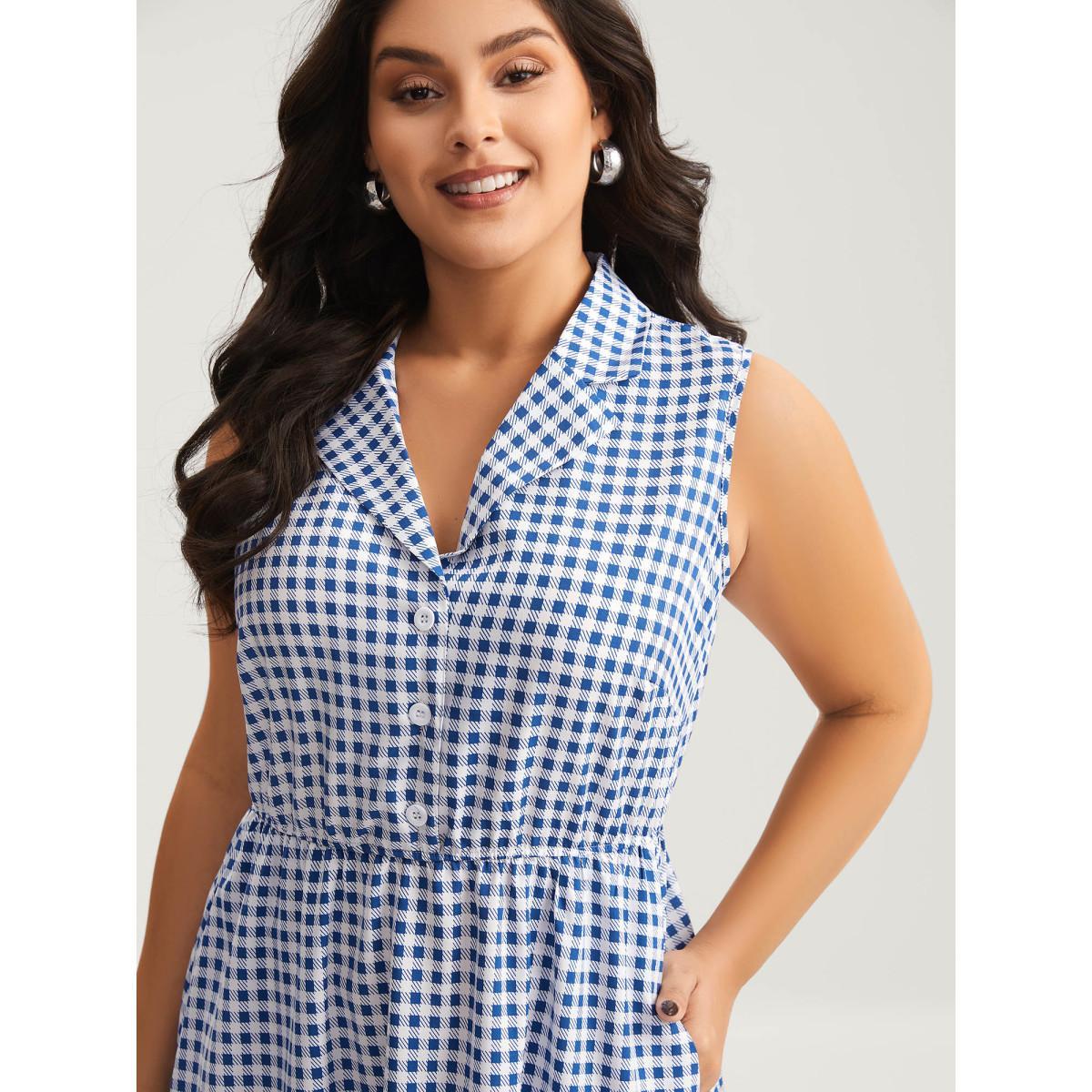 Plus Size Plaid Print Button Pockets Midi Dress Mediumblue Women Suit Collar Sleeveless Curvy BloomChic 14-16/1X Product Image