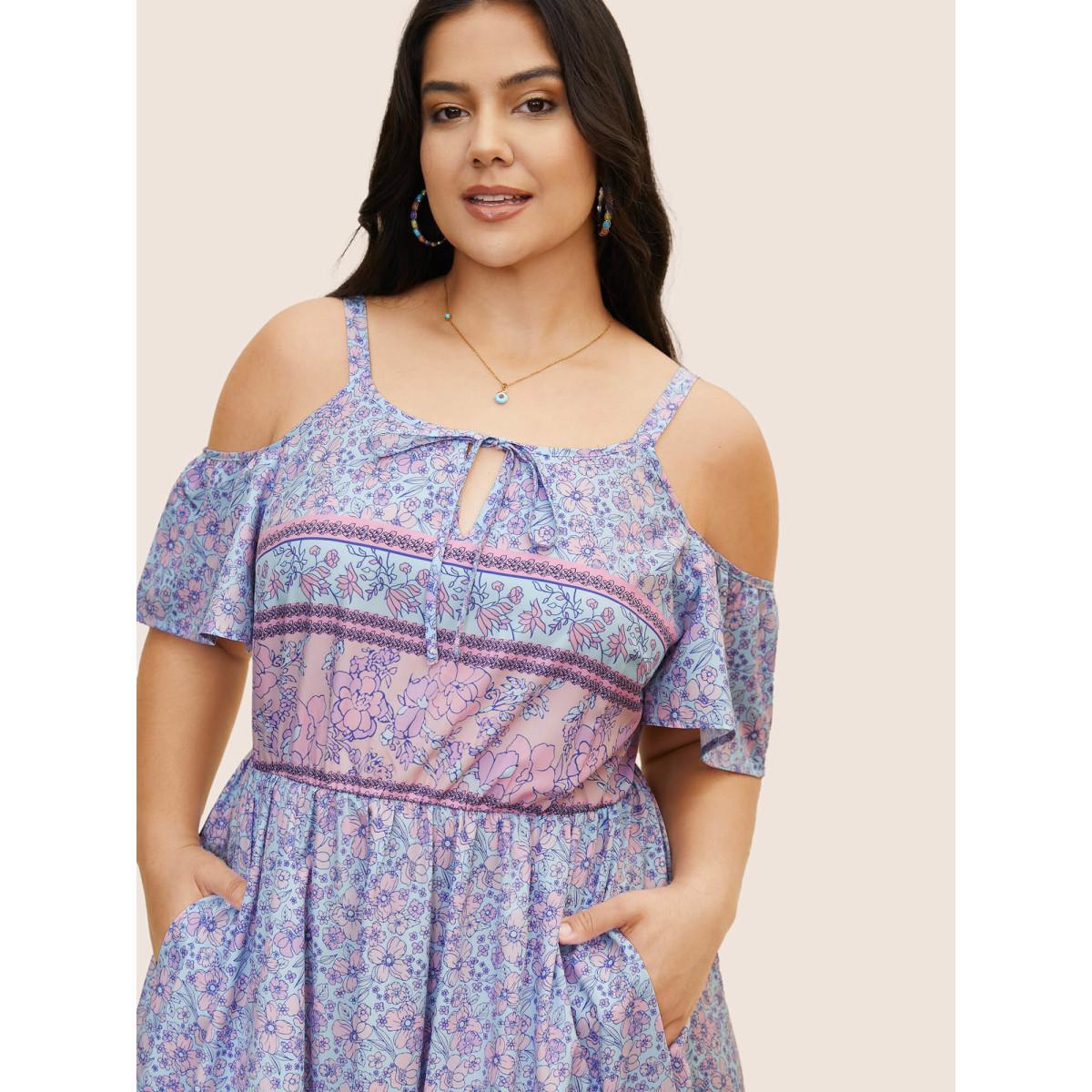 Plus Size Bandana Print Cold Shoulder Tie Knot Dress Lavender Women Resort Tie knot Round Neck Short sleeve Curvy BloomChic 10/M Product Image