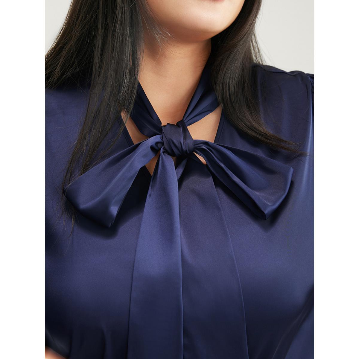 Plus Size Indigo Solid Knotted V Neck Satin Blouse Women Office Long Sleeve Tie Neck Work Blouses BloomChic 30/6X Product Image