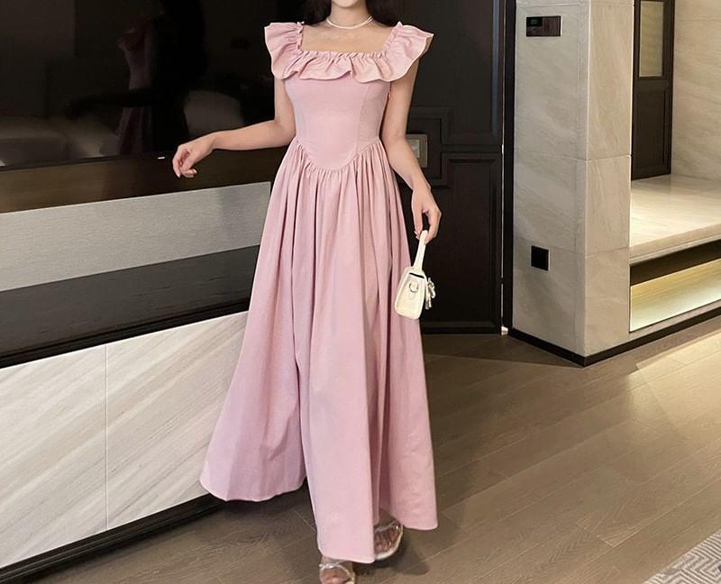 Cap-Sleeve Square Neck Plain Maxi A-Line Dress Product Image