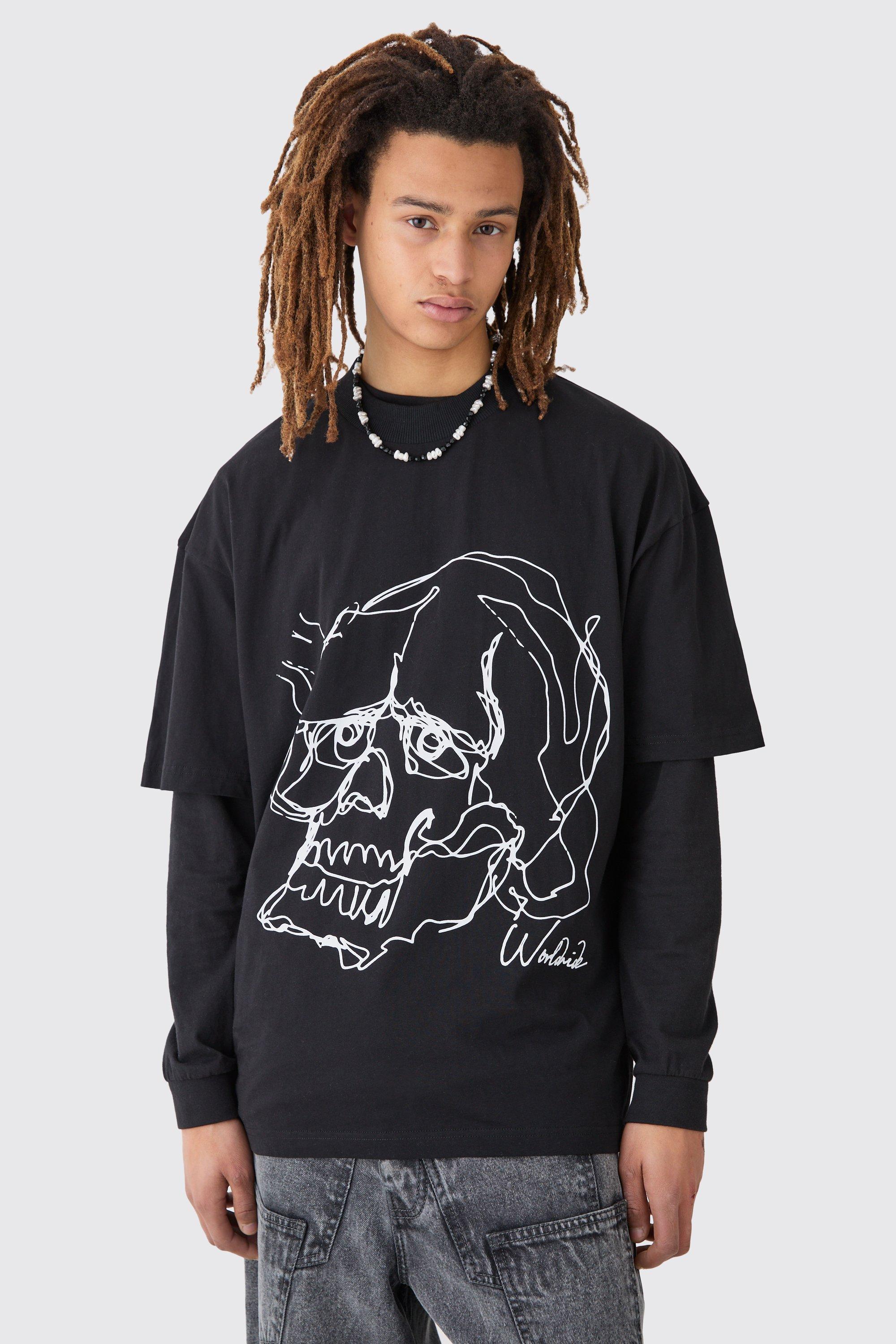 Mens Oversized Boxy Extended Neck Skull Line Drawing T-shirt - Black Product Image