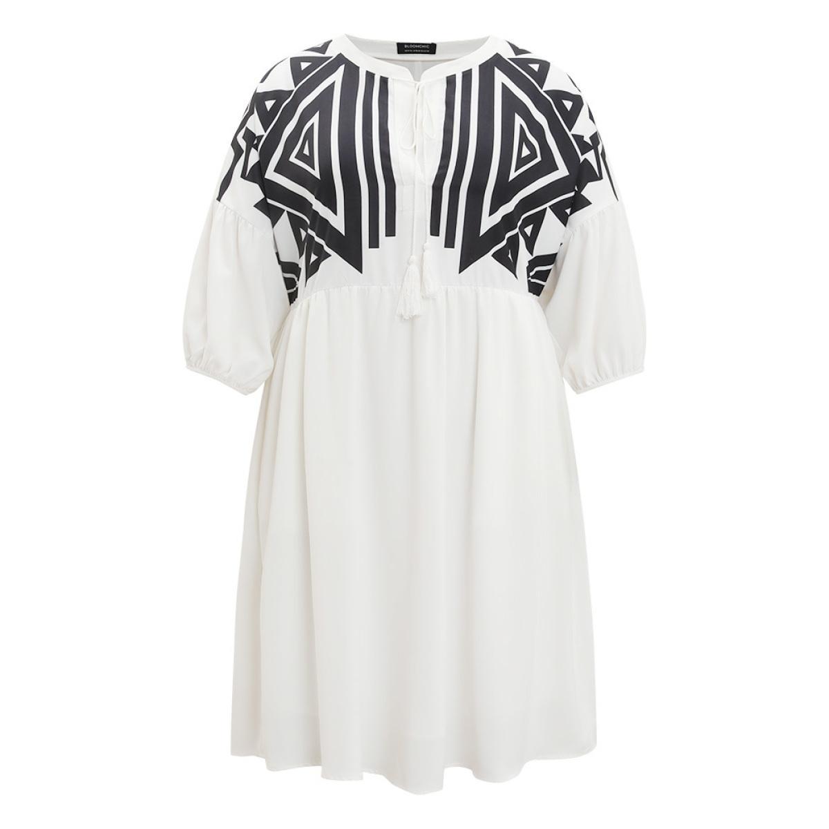 Plus Size Geometric Print Notched Ties Tassels Elastic Cuffs Dress White Women Vacation Elastic cuffs Notched collar Elbow-length sleeve Curvy Midi Dress BloomChic 22-24/3X Product Image