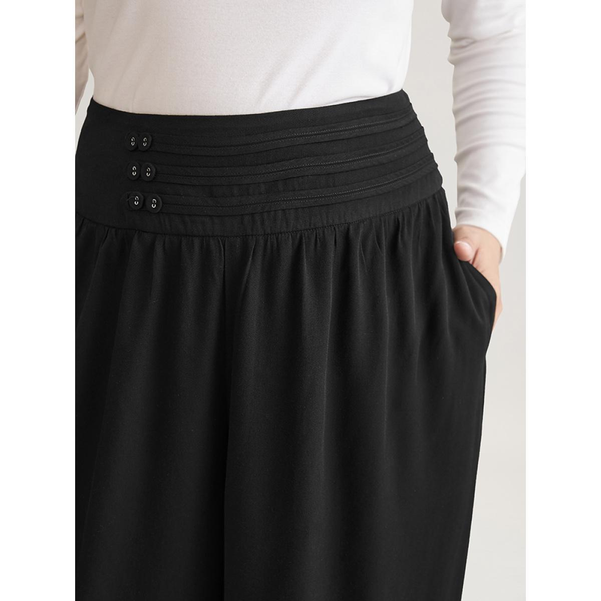 Plus Size Solid Elastic Waist Button Detail Wide Leg Pants Women Black Casual Wide Leg High Rise Dailywear Pants BloomChic 30/6X Product Image