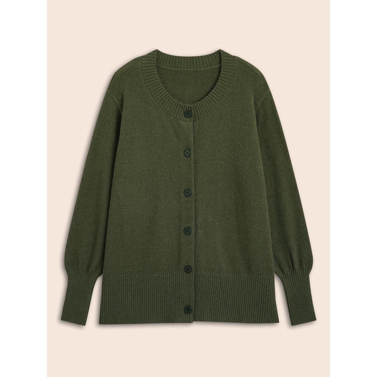 Plus Size Plain Round Neck Button Through Cardigan DarkGreen Women Casual Long Sleeve Everyday Cardigans BloomChic 12/L Product Image