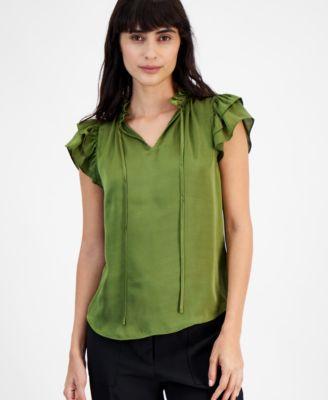 Anne Klein Womens Tie-Neck Ruffle-Sleeve Blouse Product Image