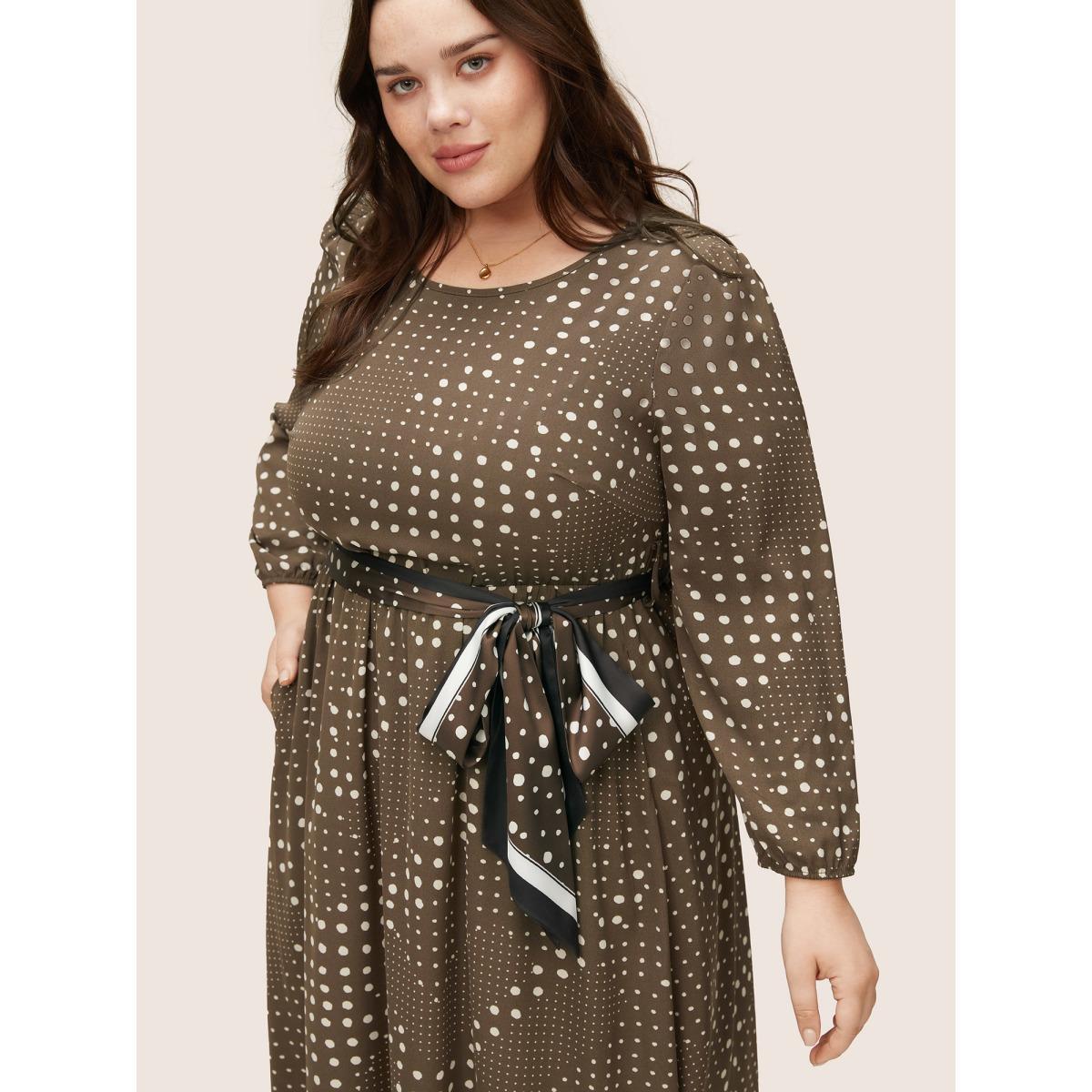 Plus Size Polka Dot Scarf Belted Keyhole Lantern Sleeve Dress DarkBrown Women At the Office Non Round Neck Long Sleeve Curvy Midi Dress BloomChic 10/M Product Image