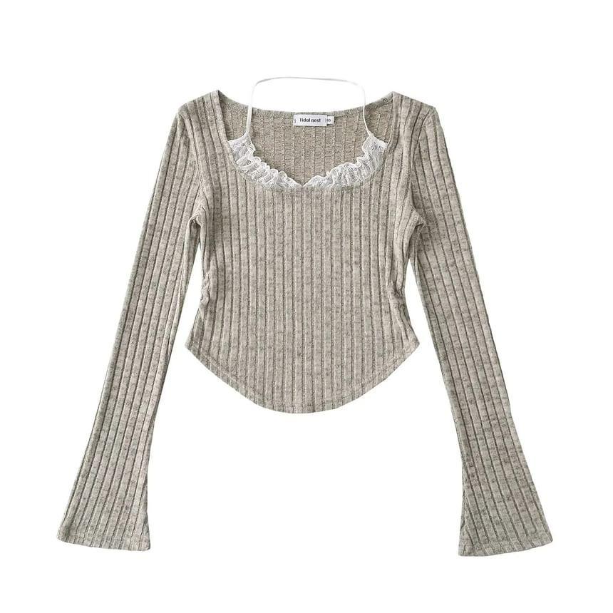 Long-Sleeve Scoop Neck Lace Trim Ribbed Knit Cropped Top Product Image