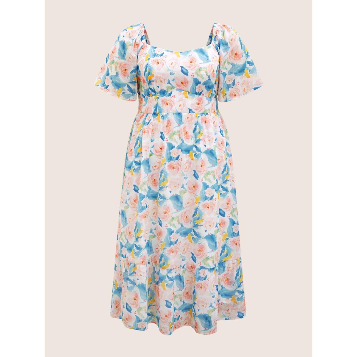 Plus Size Watercolor Floral Shirred Puff Sleeve Midi Dress Skyblue Women Elegant Shirred Heart neckline Short sleeve Curvy BloomChic 14-16/1X Product Image