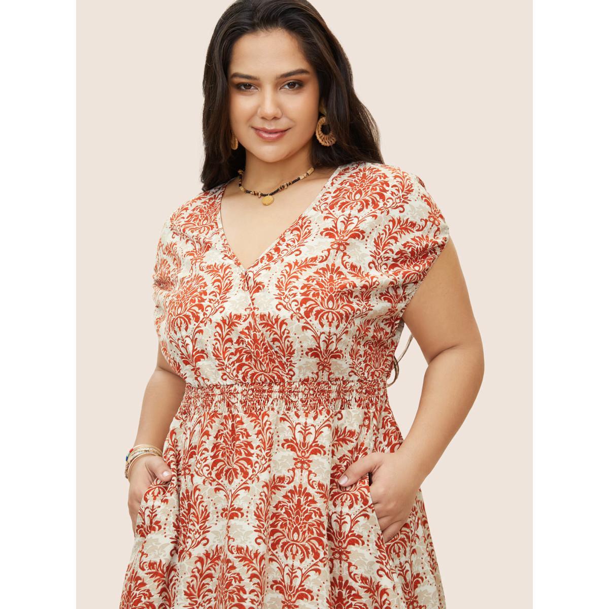 Plus Size Moroccan Print Shirred Slit Hem Dress Red Women Resort Slit V-neck Cap Sleeve Curvy Long Dress BloomChic 26/4X Product Image