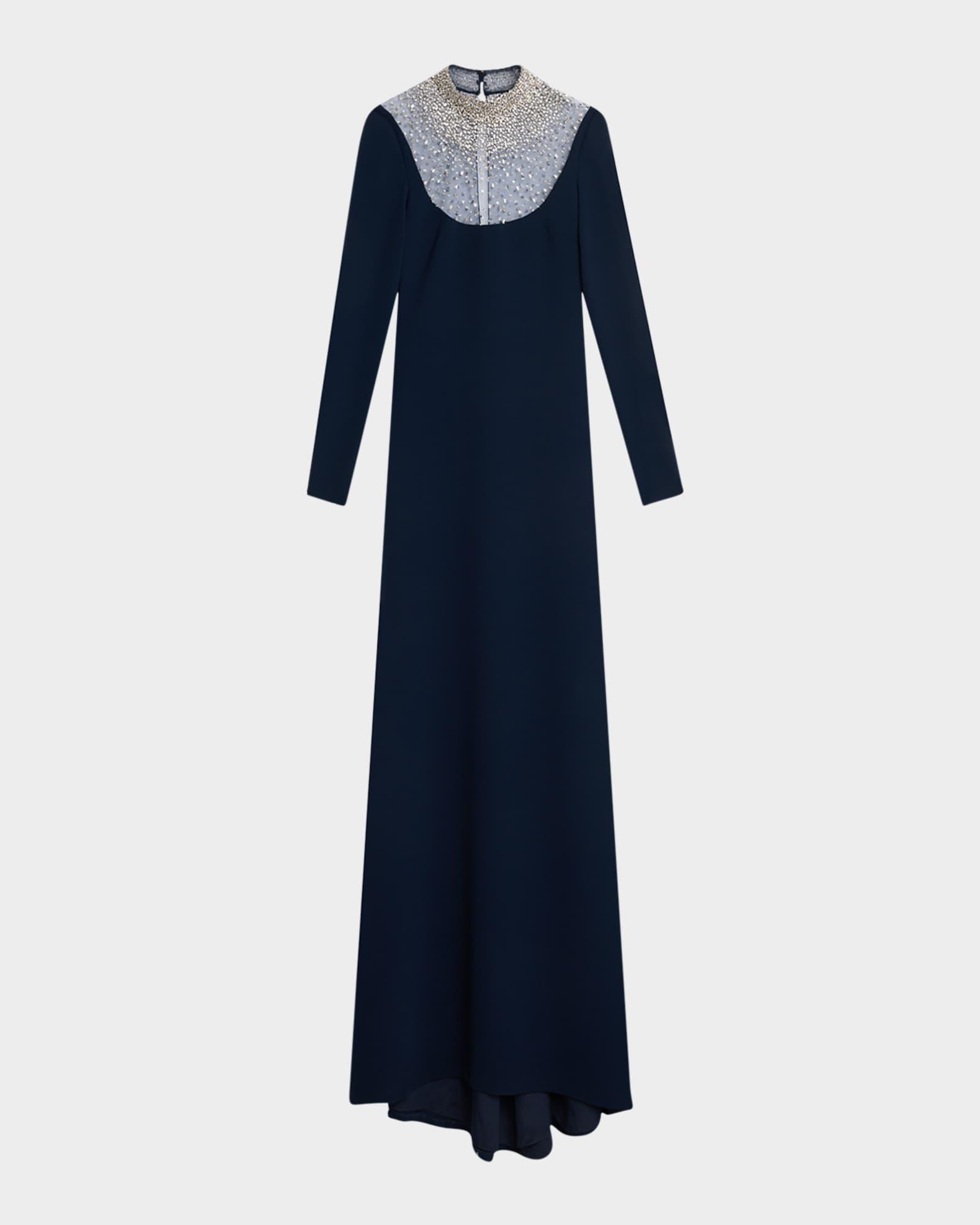 Crystal Beaded Crepe Long-Sleeve Illusion Gown Product Image