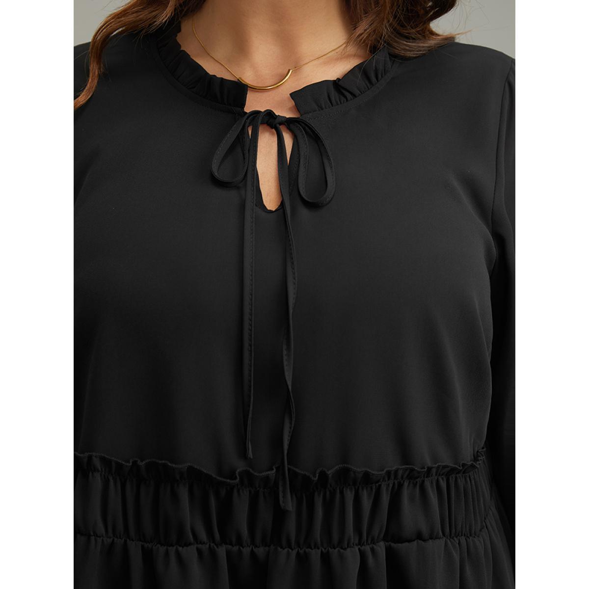 Plus Size Black Anti-Wrinkle Plain Shirred Frill Trim Gathered Tie Neck Blouse Women Casual Long Sleeve Tie Neck Everyday Blouses BloomChic 30/6X Product Image