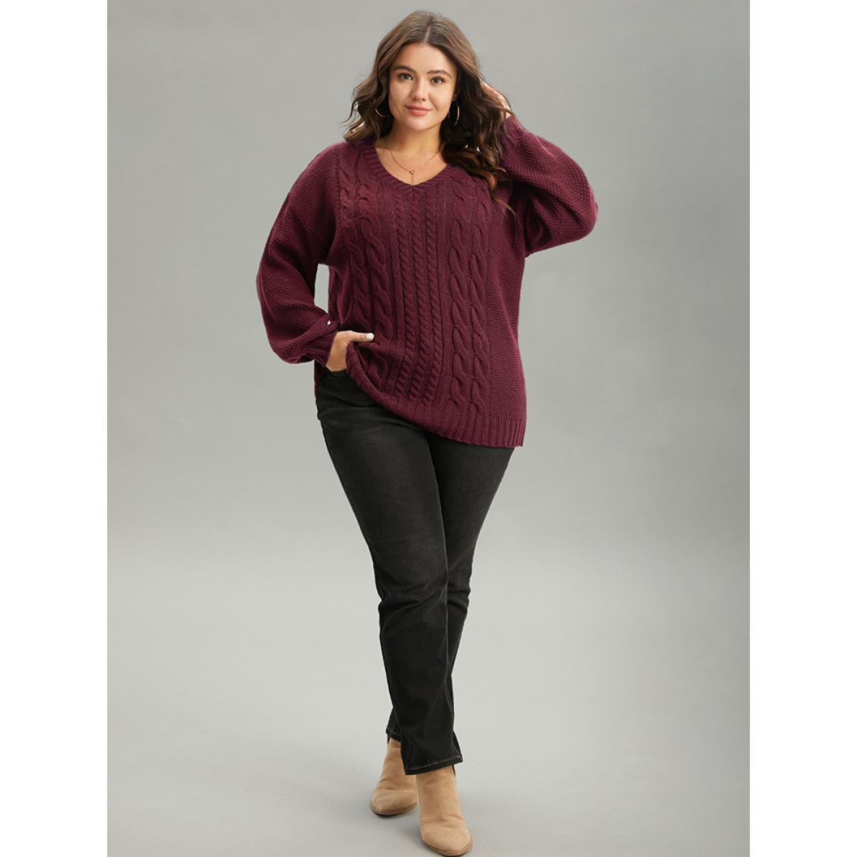 Plus Size Solid Cable Knit V Neck Elastic Cuffs Pullover Burgundy Women Casual Loose Long Sleeve V-neck Everyday Pullovers BloomChic 22-24/3X Product Image