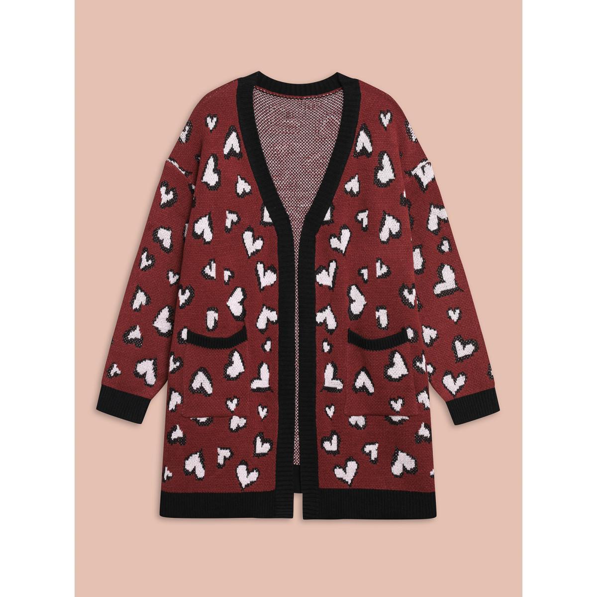 Plus Size Hearts All Over Open Front Contrast Cardigan Deepred Women Casual Loose Long Sleeve Everyday Cardigans BloomChic 12/L Product Image