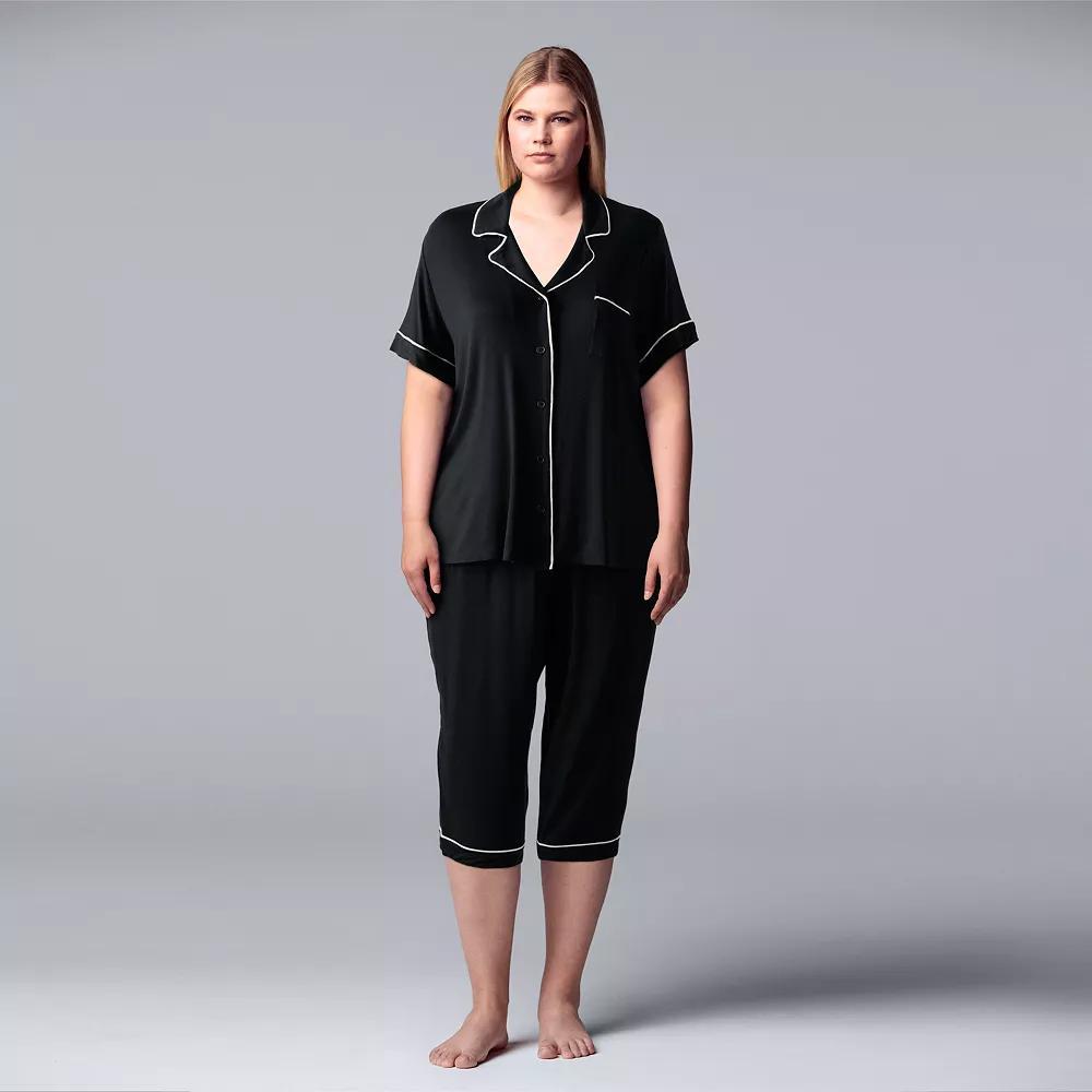 Plus Size Simply Vera Vera Wang Basic Luxury Pajama Shirt & Pajama Capris Set, Women's, Size: 2XL, Black Product Image
