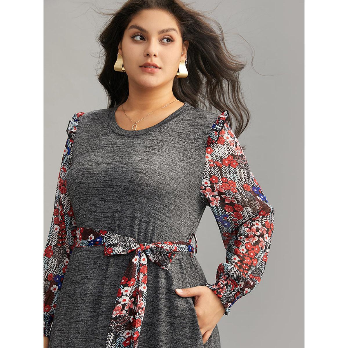 Plus Size Ditsy Floral Patchwork Ruffle Trim Belted Dress DimGray Women Casual Belted Round Neck Long Sleeve Curvy Midi Dress BloomChic 18-20/2X Product Image