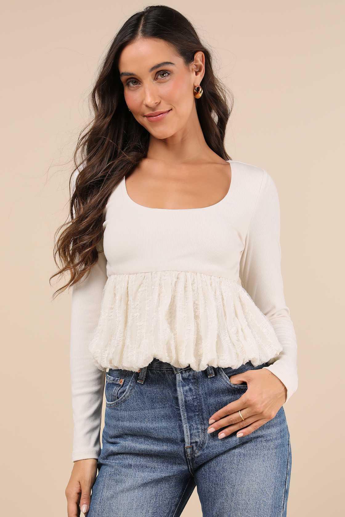 Constantly a Cutie Ivory Mixed Media Bubble-Hem Top Product Image