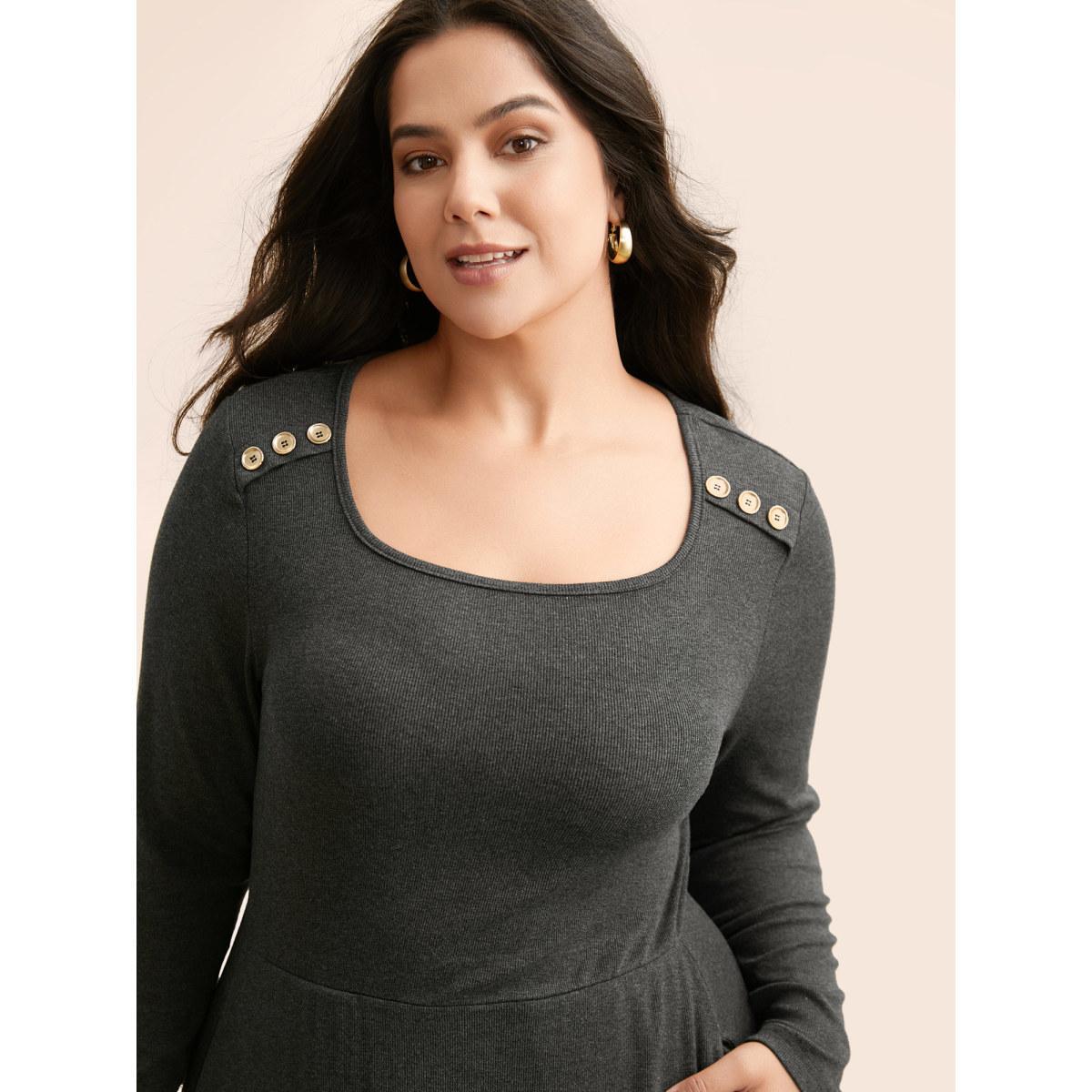 Plus Size Supersoft Essentials Button Shoulder Midi Dress DarkGray Women Casual Texture Square Neck Long Sleeve Curvy BloomChic 30/6X Product Image