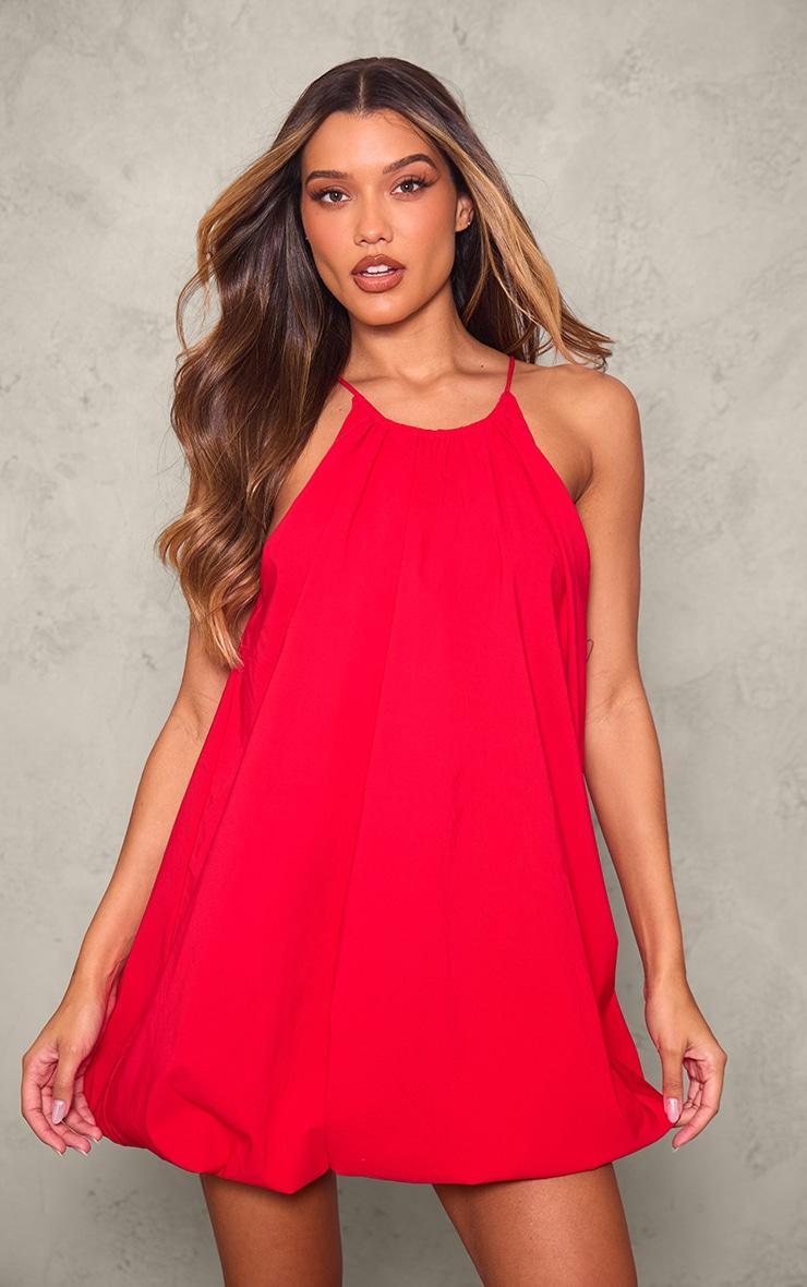 Red Stretch Woven High Neck Puff Ball Dress Product Image