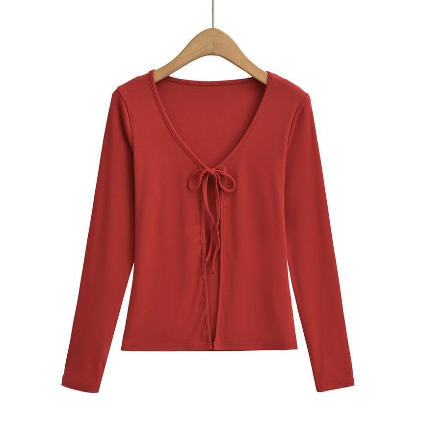 Long Sleeve V-Neck Plain Tie Front Crop Top Product Image