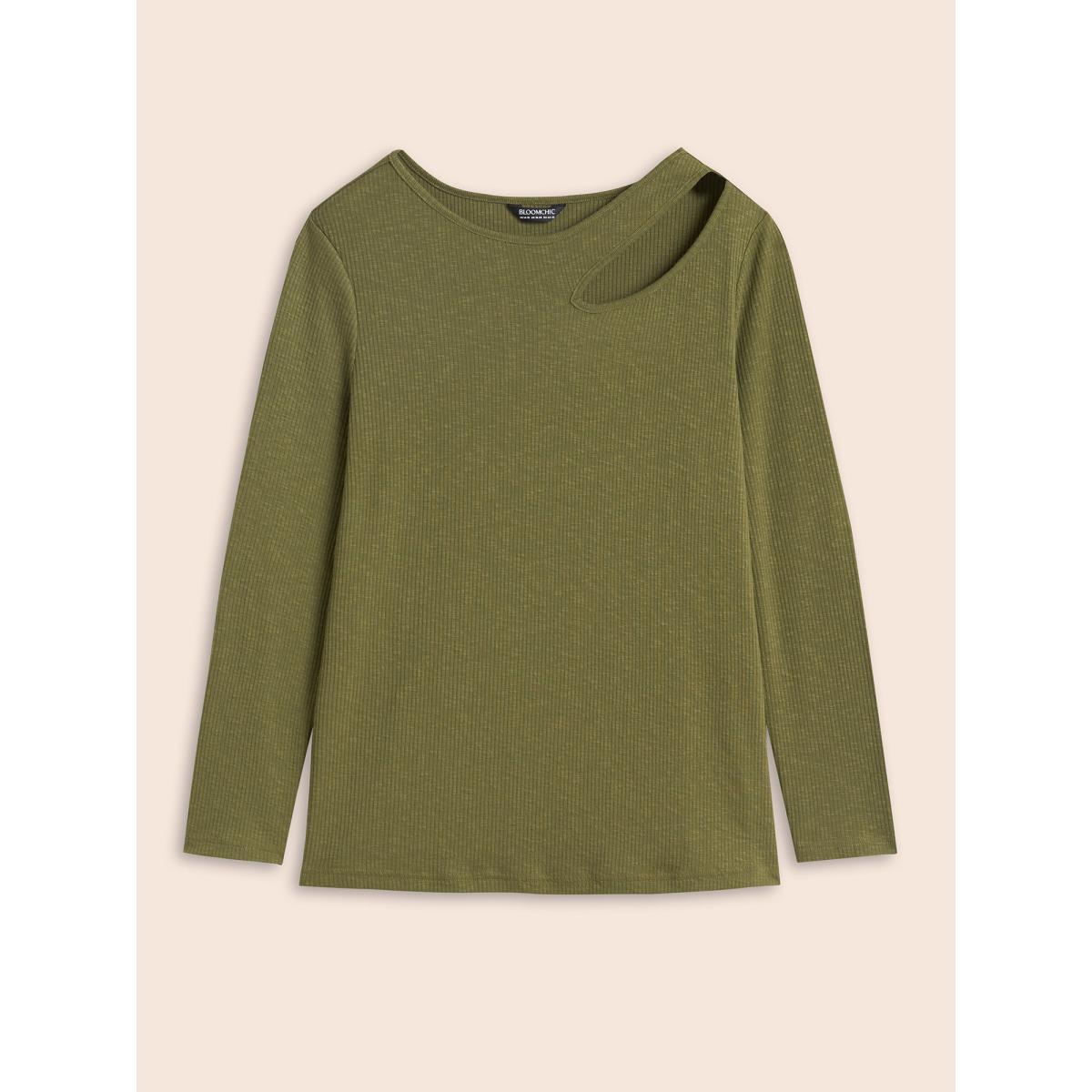 Plus Size Solid Pit Strip Cut Out T-shirt Moss Women Elegant Cut-Out Round Neck Skinny Everyday T-shirts BloomChic 10/M Product Image