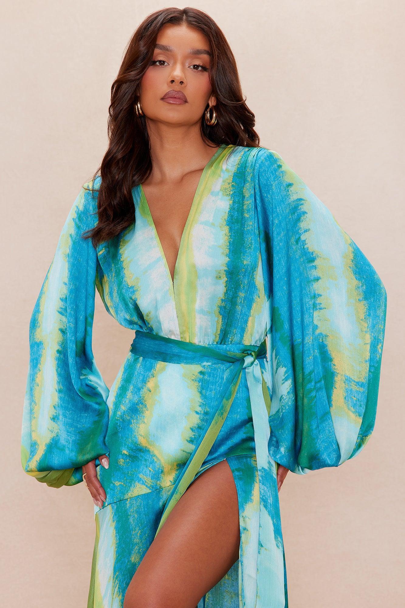 Too Chic Long Sleeve Satin Maxi Dress - Blue/combo Female Product Image
