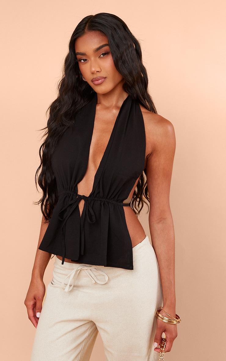 Black Linen Look Halterneck Backless Top Product Image