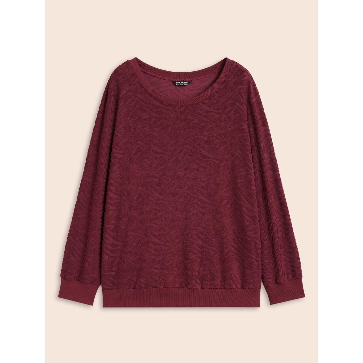 Plus Size Animal Print Textured Crew Neck Sweatshirt Women Burgundy Casual Patchwork Round Neck Everyday Sweatshirts BloomChic 30/6X Product Image