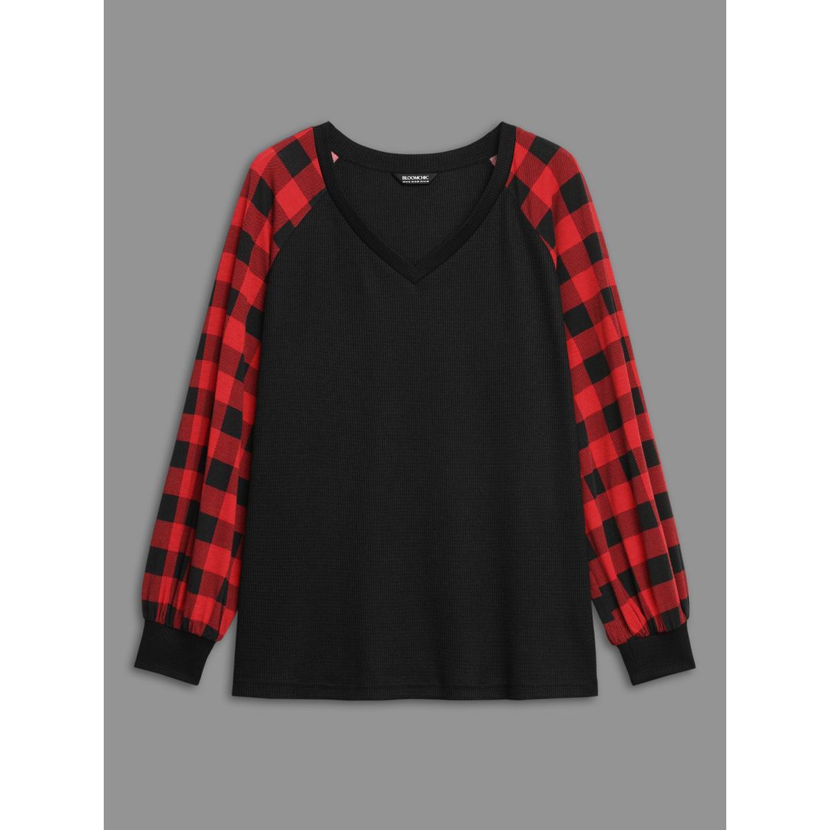 Plus Size V Neck Plaid Patchwork Contrast T-shirt Black Women Casual Contrast V-neck Everyday T-shirts BloomChic 28/5X Product Image