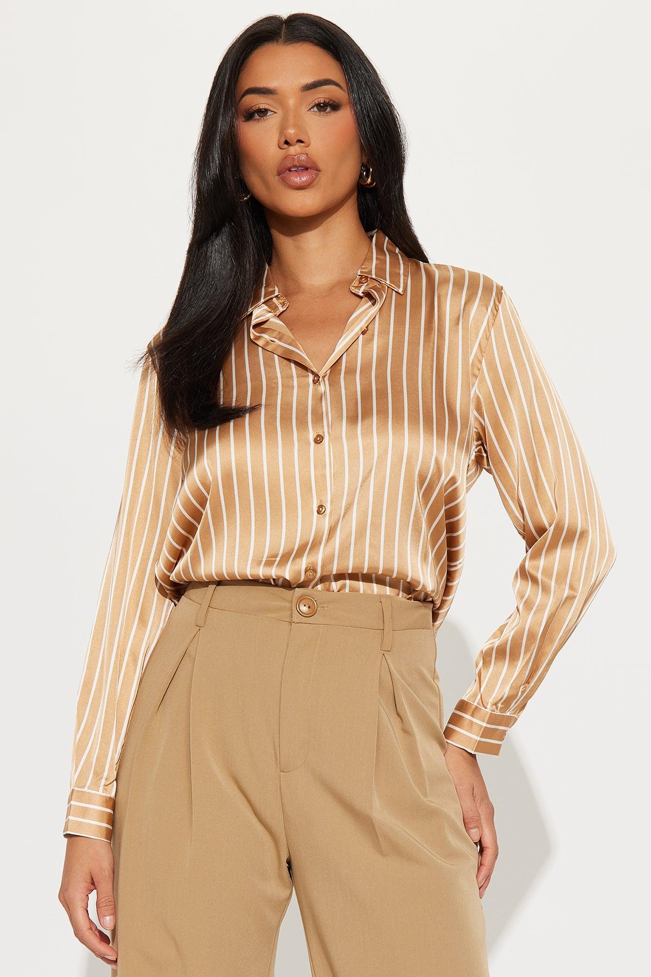 Fast Lane Striped Satin Shirt - Camel/combo Product Image