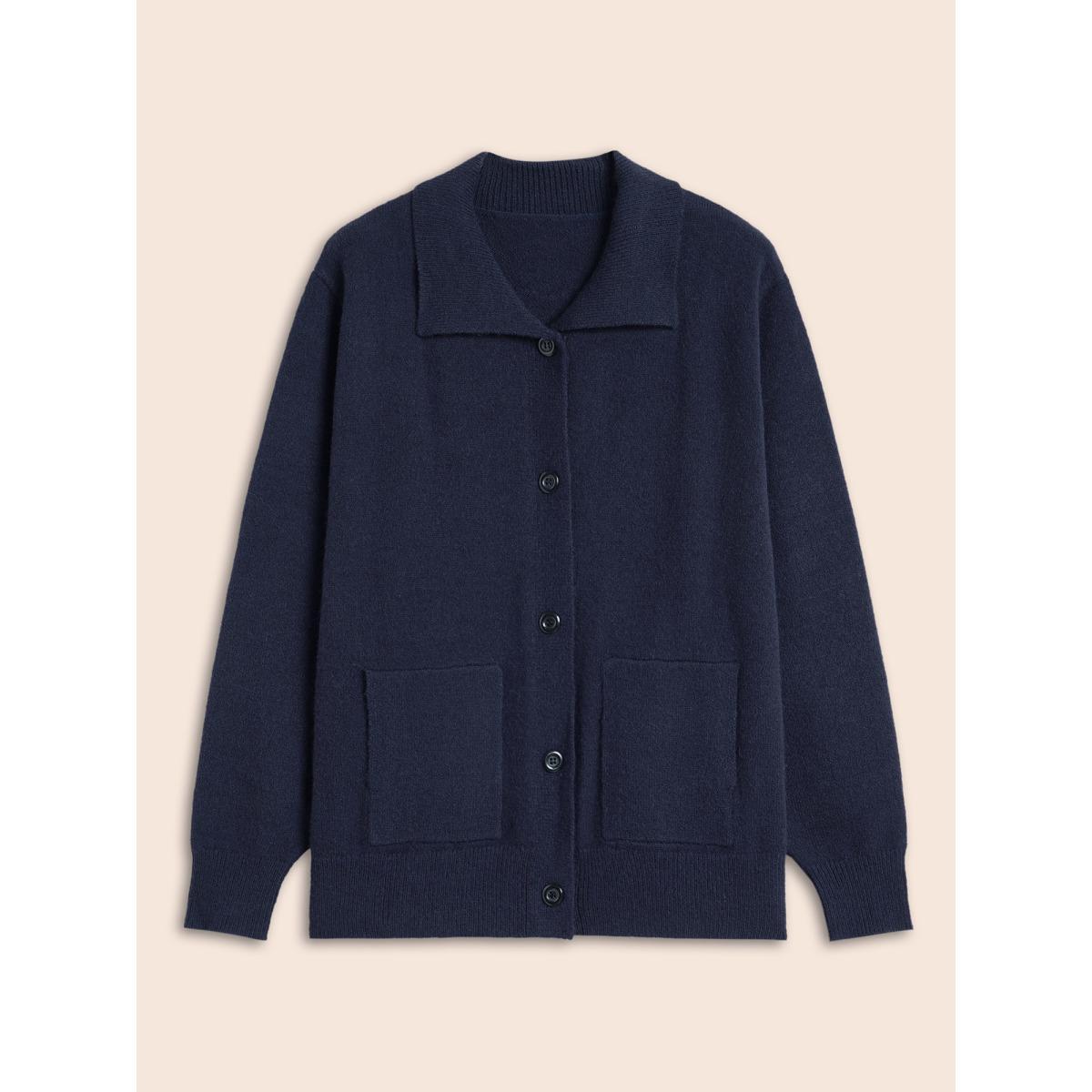 Plus Size Plain Patched Pocket Button Up Cardigan Indigo Women Elegant Loose Long Sleeve Everyday Cardigans BloomChic 26/4X Product Image