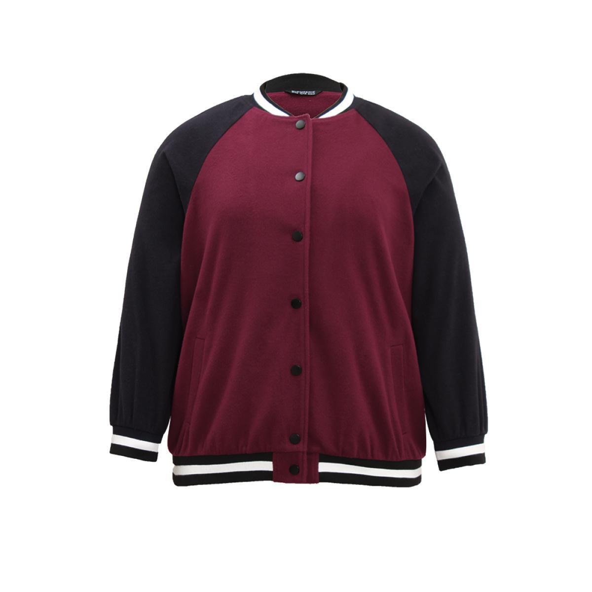 Plus Size Contrast Trim Pocket Button Fly Bomber Jacket Women Burgundy Contrast Pocket Dailywear Jackets BloomChic 28/5X Product Image