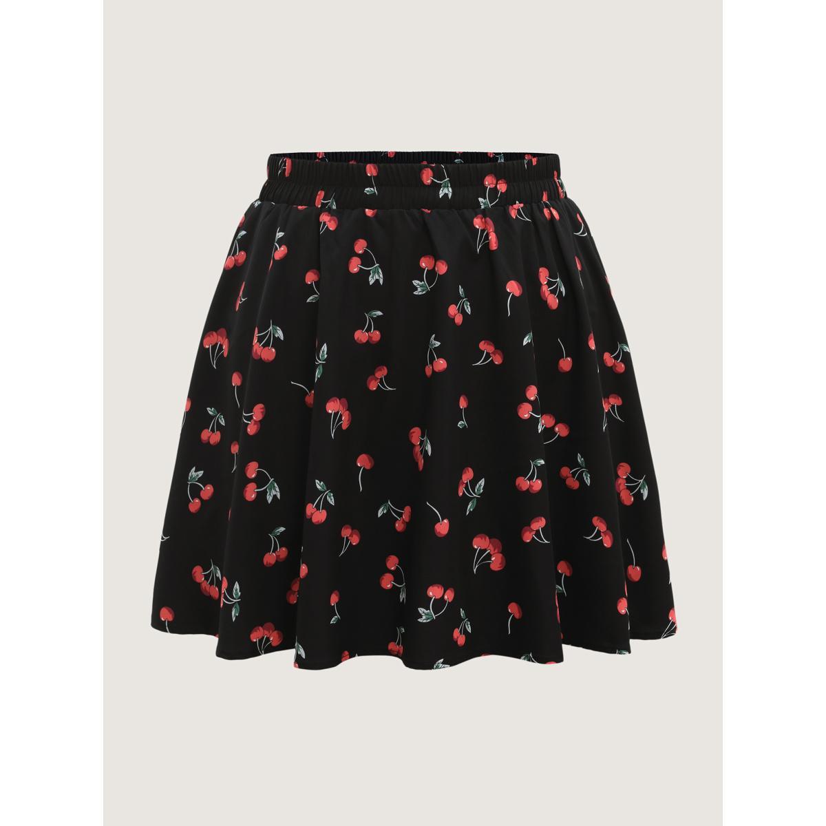 Plus Size Cherry-licious Pleated Midi Skirt Women BlackFlower Casual Loose Low stretch Side seam pocket Everyday-Casual Skirts BloomChic 28/5X Product Image