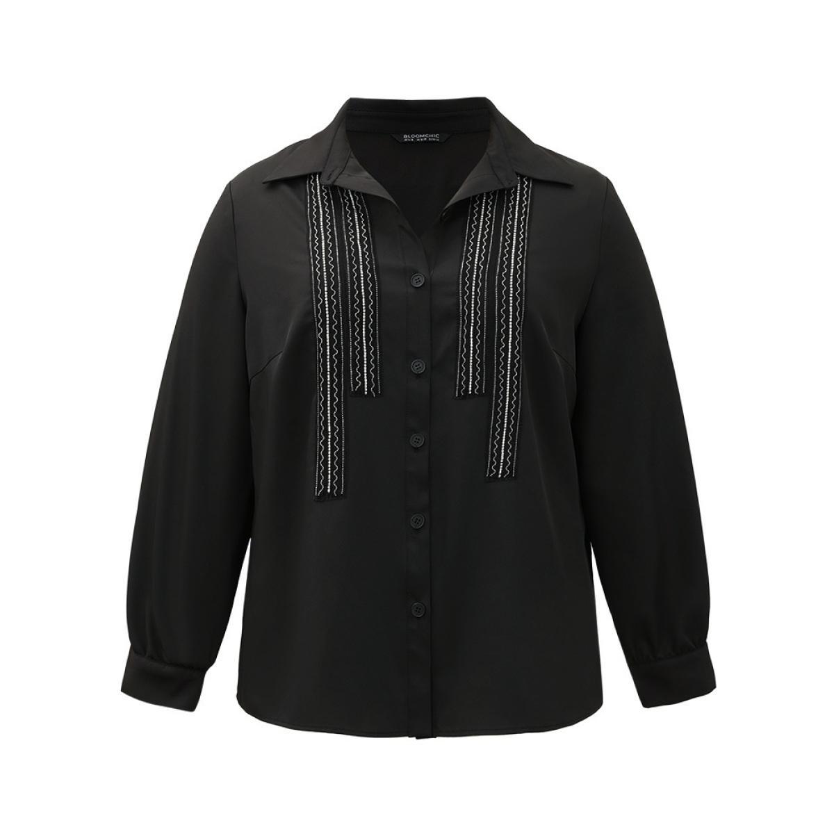 Plus Size Black Twill Rhinestone Contrast Webbing Button Through Blouse Women Glamour Long Sleeve Shirt collar Going out Blouses BloomChic 22-24/3X Product Image