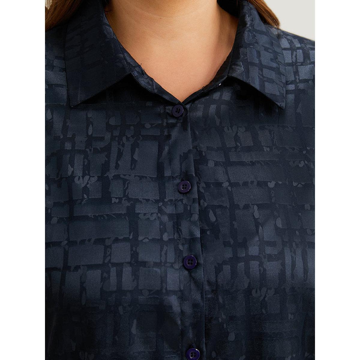 Plus Size Indigo Plisse Satin Button Up Curved Hem Blouse Women Office Long Sleeve Shirt collar Work Blouses BloomChic 18-20/2X Product Image