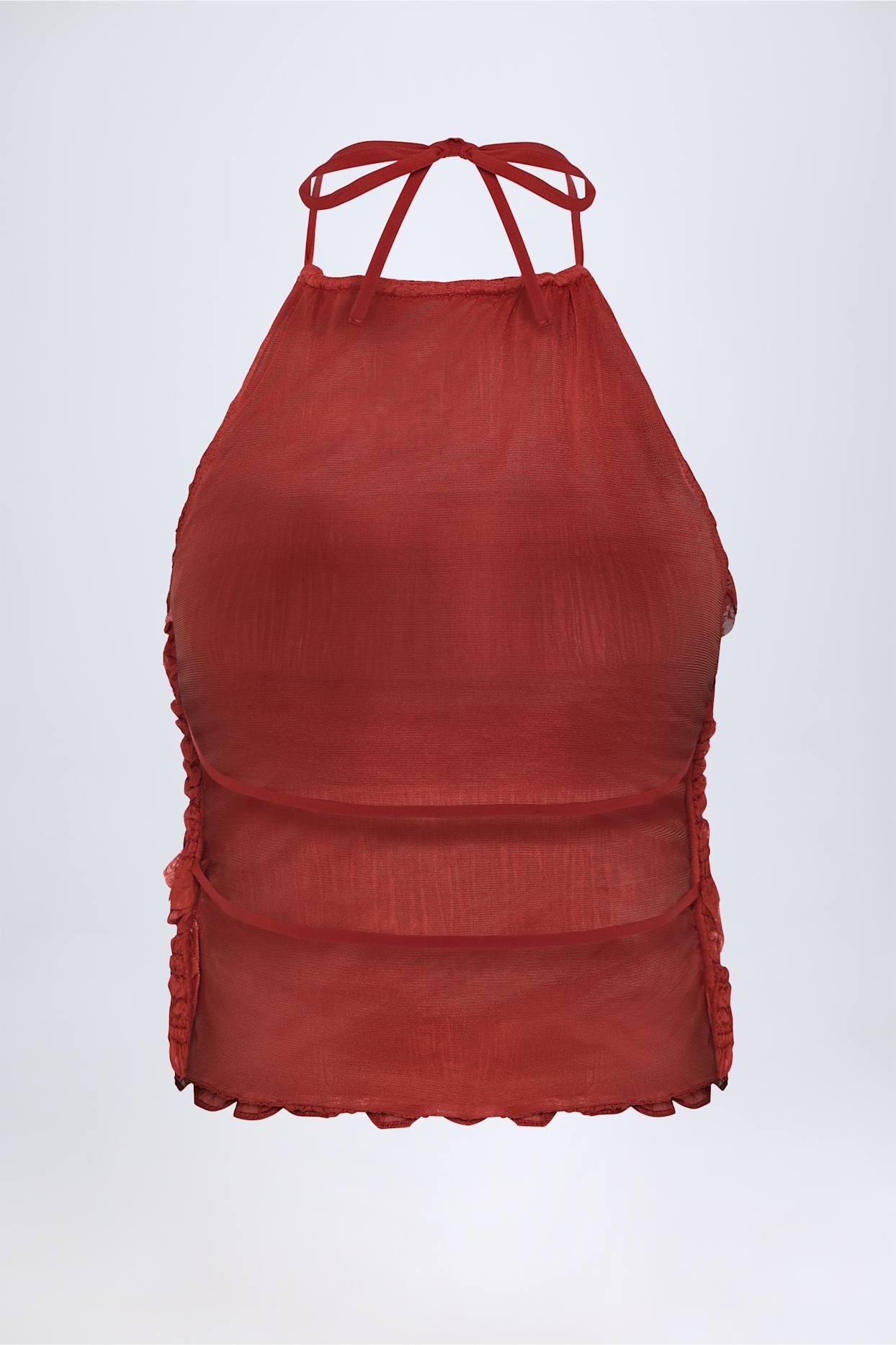 Ruffled High-Neck Backless Top in Burnt Red Product Image
