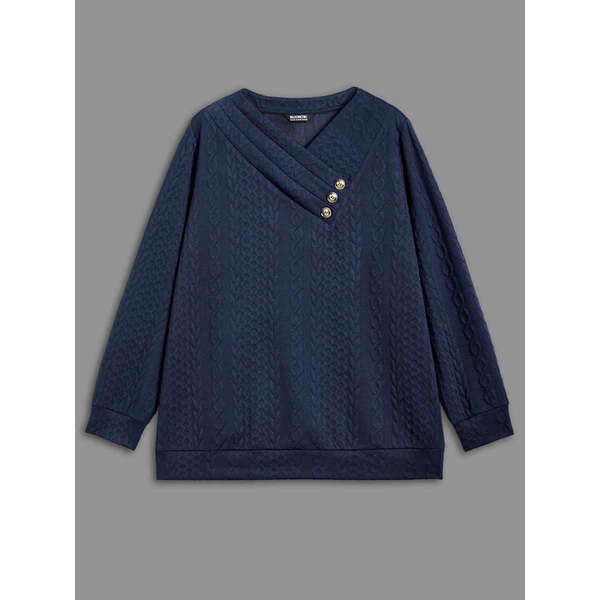 Plus Size Overlap Collar Textured Button Detail Sweatshirt Women Indigo Casual Texture Overlap Collar Everyday Sweatshirts BloomChic 14-16/1X Product Image