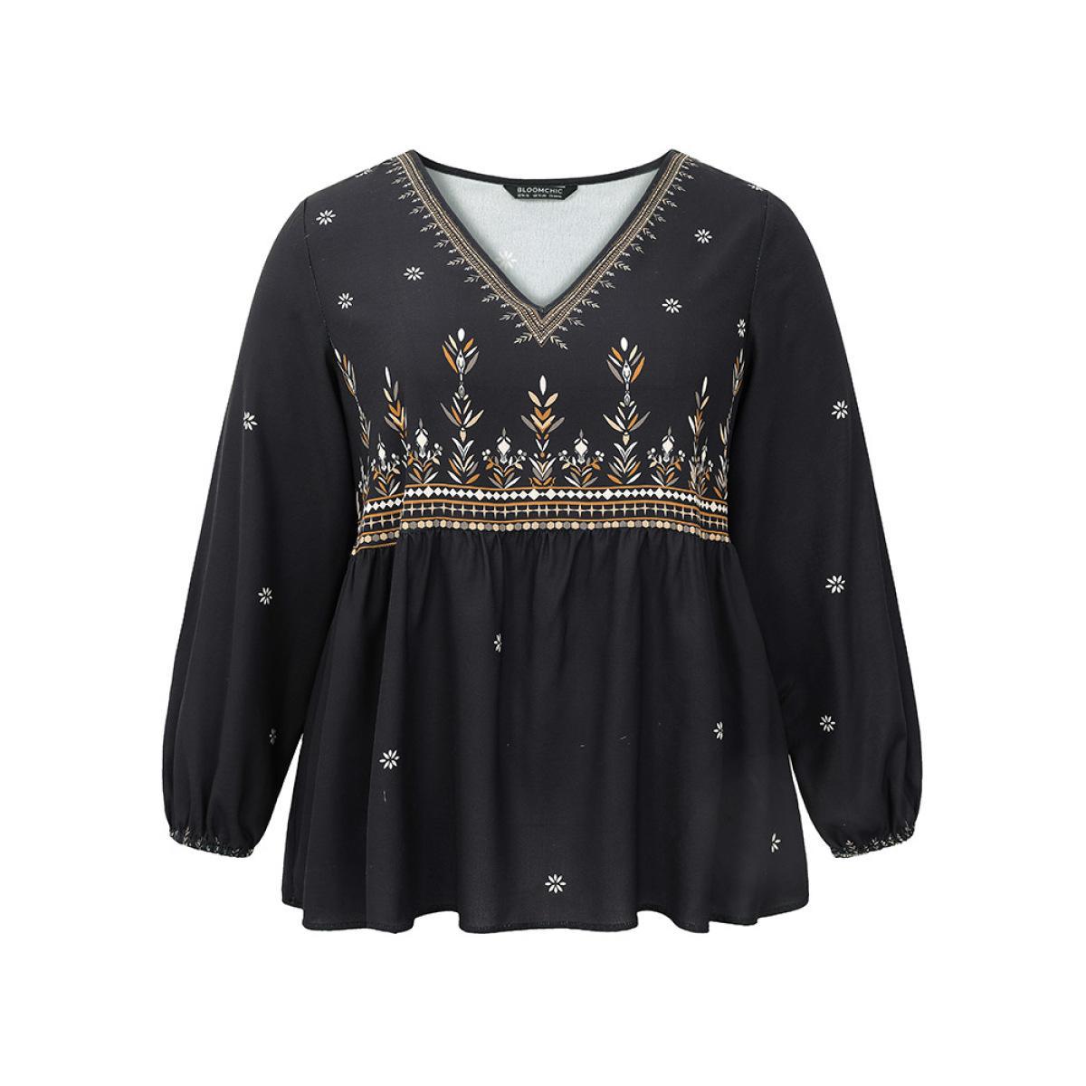 Plus Size Black Boho Print Lantern Sleeve Gathered Blouse Women Vacation Long Sleeve V-neck Vacation Blouses BloomChic 26/4X Product Image