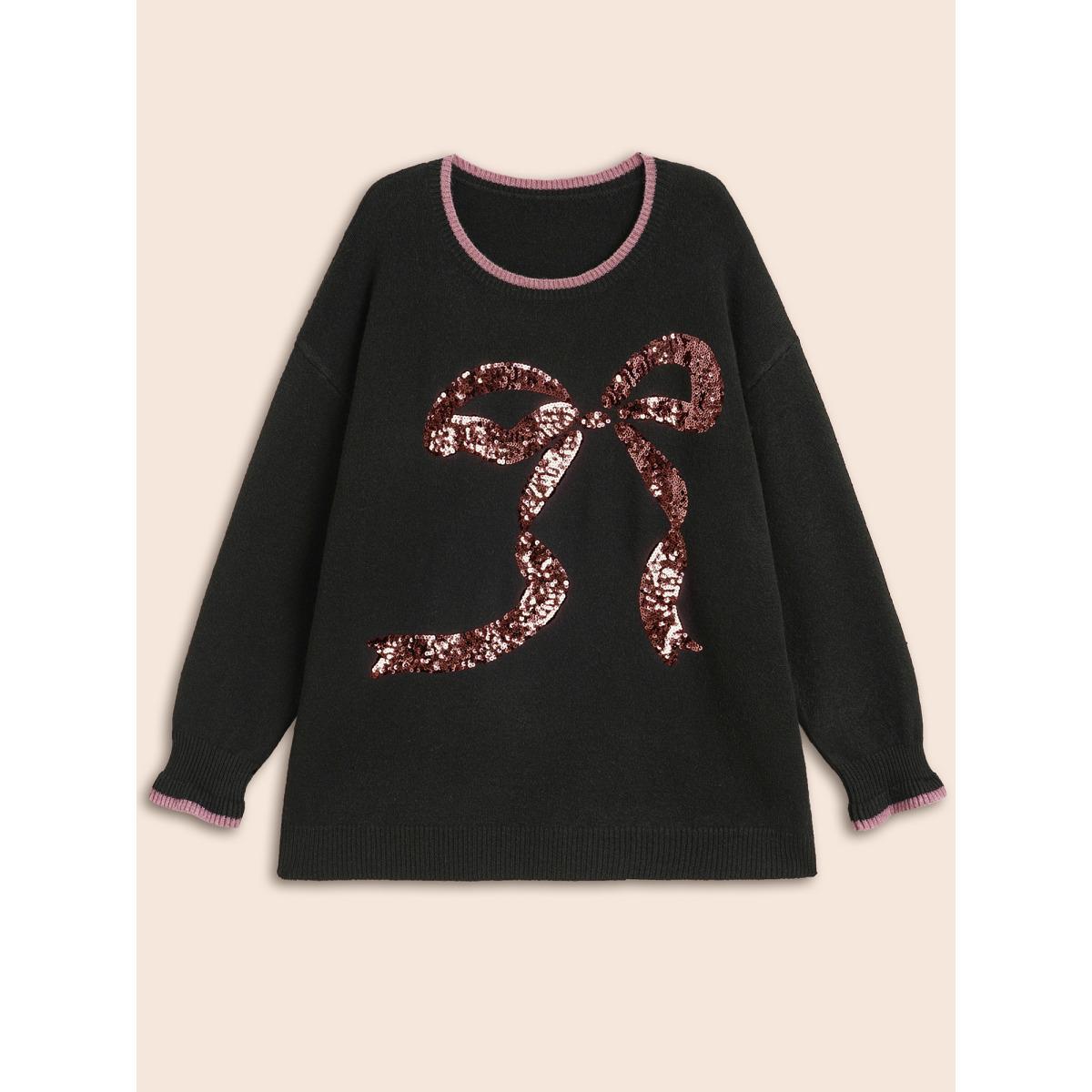 Plus Size Supersoft Essentials Sequin Embroidery Bow Detail Pullover Black Women Casual Loose Long Sleeve Round Neck Everyday Pullovers BloomChic 26/4X Product Image