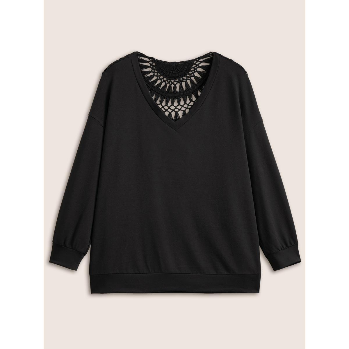 Plus Size Solid V Neck Cut Out Back Sweatshirt Women Black Elegant Non V-neck Everyday Sweatshirts BloomChic 30/6X Product Image