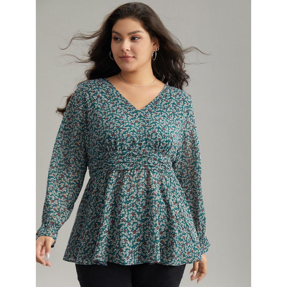 Plus Size DarkGreen Chiffon Ditsy Floral Elastic Waist Ruffle Hem Blouse Women Elegant Long Sleeve V-neck Everyday Blouses BloomChic 26/4X Product Image