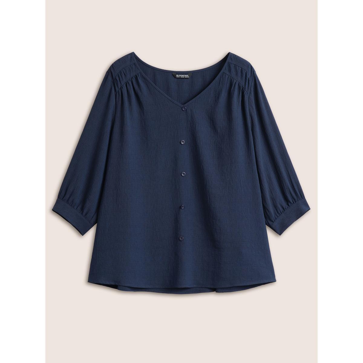 Plus Size Indigo Solid Button Detail Gathered Lantern Sleeve Blouse Women Work From Home Elbow-length sleeve V-neck Work Blouses BloomChic 10/M Product Image