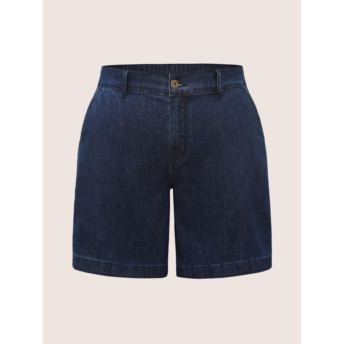 Plus Size Dark Wash Slanted Pocket Loose Denim Shorts Women Denimindigo Button Medium stretch Everyday Slanted pocket Casual Denim Shorts BloomChic 16/1X Product Image