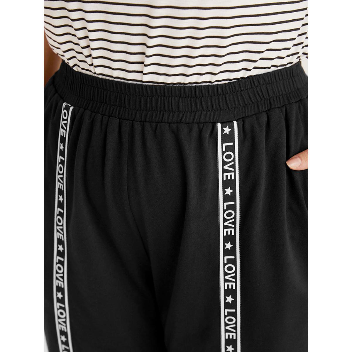 Plain Pocket Contrast Webbing Sweatpants Black Plus Size Women Casual Dailywear Plain 10/M Bloomchic Product Image