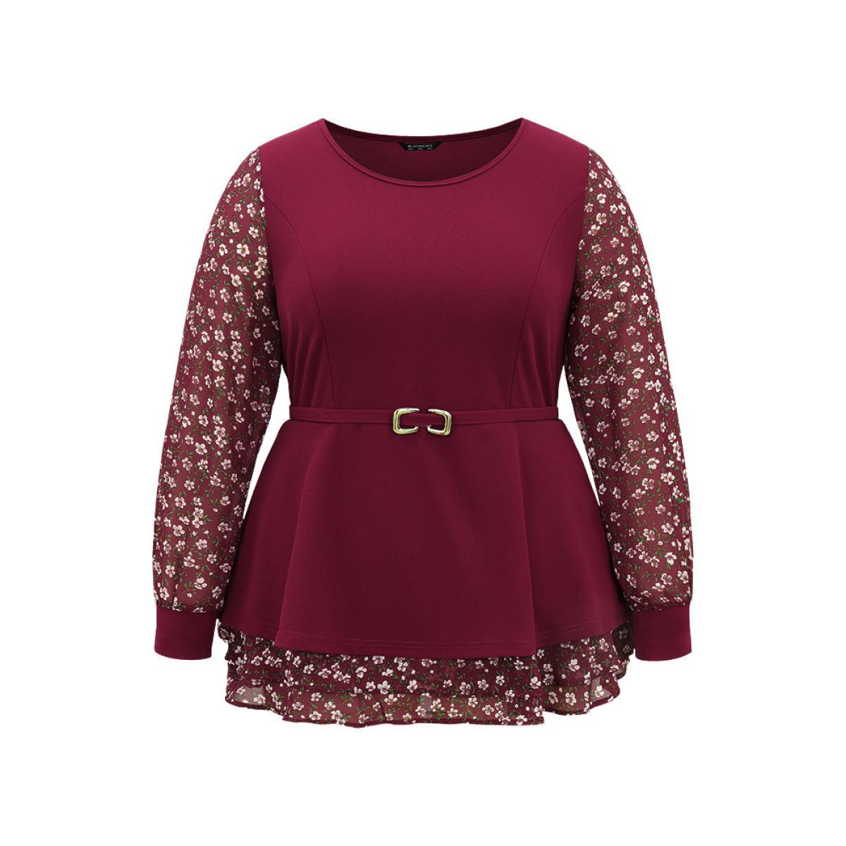 Plus Size Scarlet Ditsy Floral Patchwork Layered Metal Buckle Detail Blouse Women Elegant Long Sleeve Round Neck Work Blouses BloomChic 30/6X Product Image