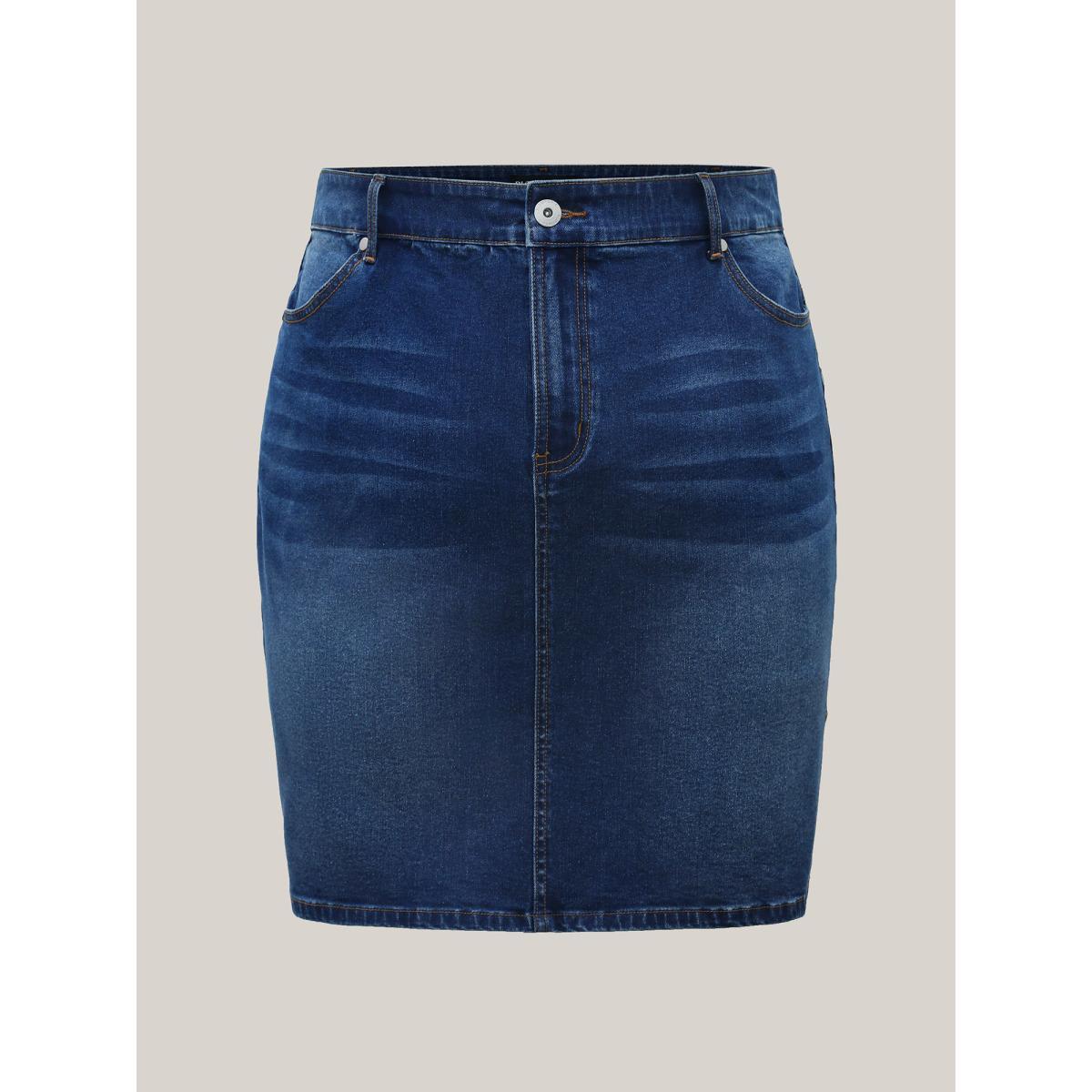 Plus Size Whiskered Classic Cut Fitted Denim Skirt Women Midblue Everyday-Casual Medium stretch Medium Wash 24/3X Slanted pocket Denim Skirts BloomChic Product Image