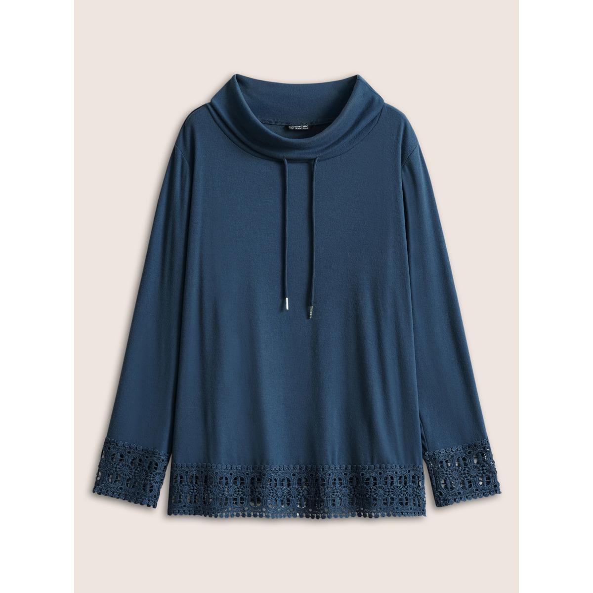 Plus Size Plain Lace Patchwork Lapel Collar Drawstring T-shirt Indigo Women Casual Plain Plain Lapel Collar Dailywear T-shirts BloomChic 28/5X Product Image